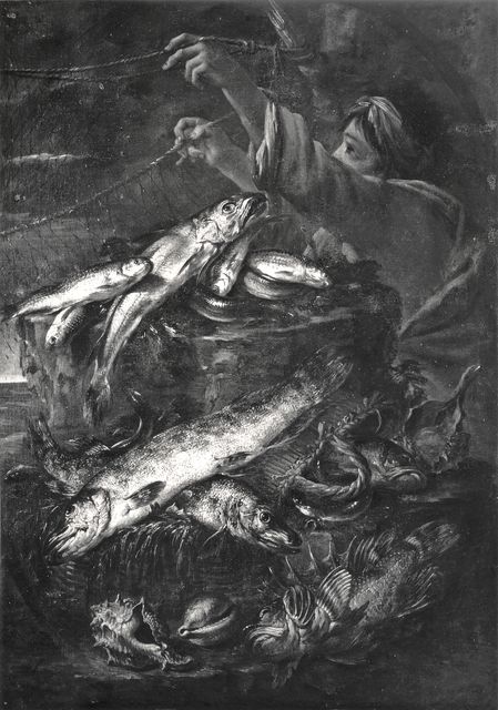 Anonimo — Boselli Felice - sec. XVII/ XVIII - Natura morta con pesci e pescatore — insieme